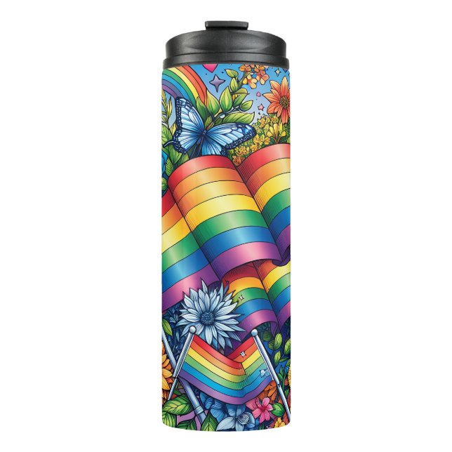 LGBTQIA+-Fahnen, Regenbögen, Blume Thermosbecher (Vorderseite)
