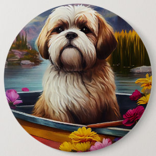 Lhasa Apso auf einem Paddel: Ein landschaftliches  Button