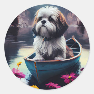 Lhasa Apso auf einem Paddel: Ein landschaftliches Runder Aufkleber