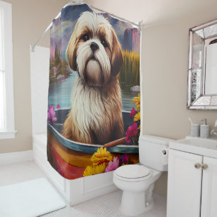 Lhasa Apso auf einem Paddle: Ein Landschaftliches Duschvorhang