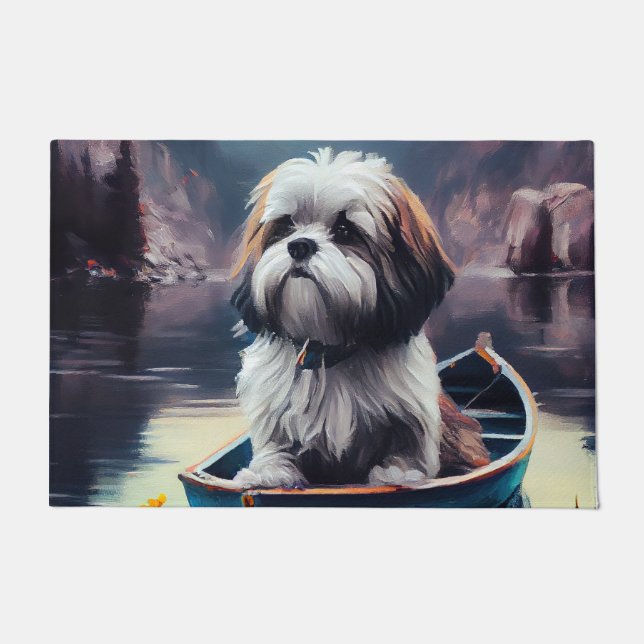 Lhasa Apso auf einem Paddle: Ein Landschaftliches  Fußmatte (Vorderseite)