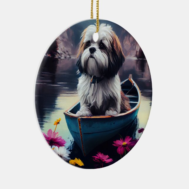 Lhasa Apso auf einem Paddle: Ein Landschaftliches  Keramik Ornament (Rechts)