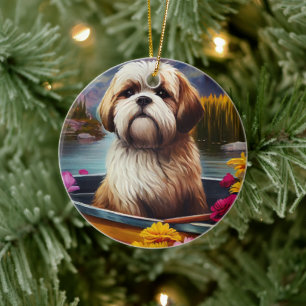 Lhasa Apso auf einem Paddle: Ein Landschaftliches Keramik Ornament