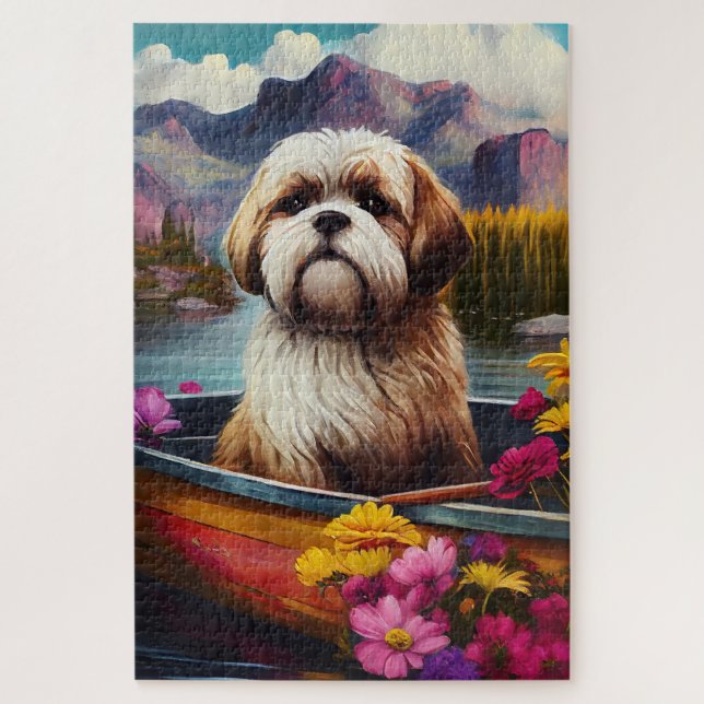 Lhasa Apso auf einem Paddle: Ein Landschaftliches  Puzzle (Vertikal)