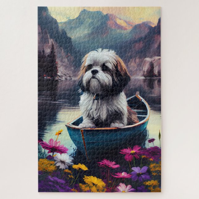Lhasa Apso auf einem Paddle: Ein Landschaftliches  Puzzle (Vertikal)