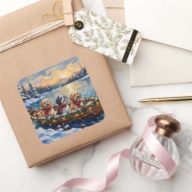 Lhasa Apso Christmas Boat Holiday Quadratischer Aufkleber (Schenken)
