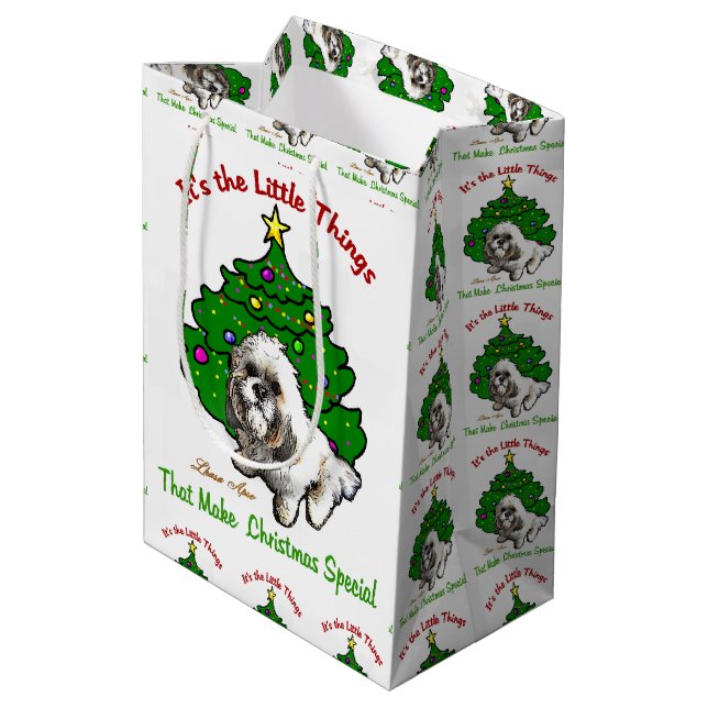 Lhasa Apso Christmas Mittlere Geschenktüte (Rückseite Schrägansicht)