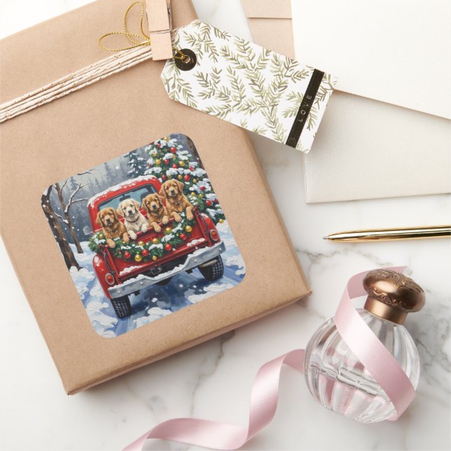 Lhasa Apso Christmas Red Truck Holiday Quadratischer Aufkleber (Schenken)