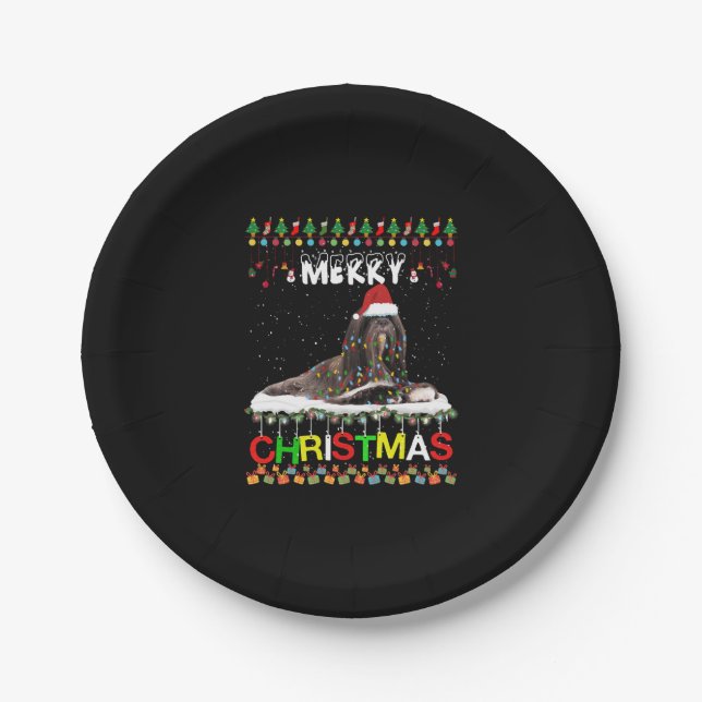 Lhasa Apso Christmas Tree Light Pajama Xmas Dog Pappteller (Vorderseite)
