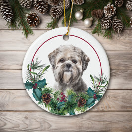 Lhasa Apso Dog Evergreen Berry Wreath Keramik Ornament