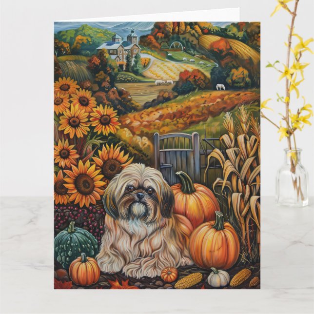 Lhasa Apso Dog Herbsternte Erntedank Karte (Gelbe Blume)