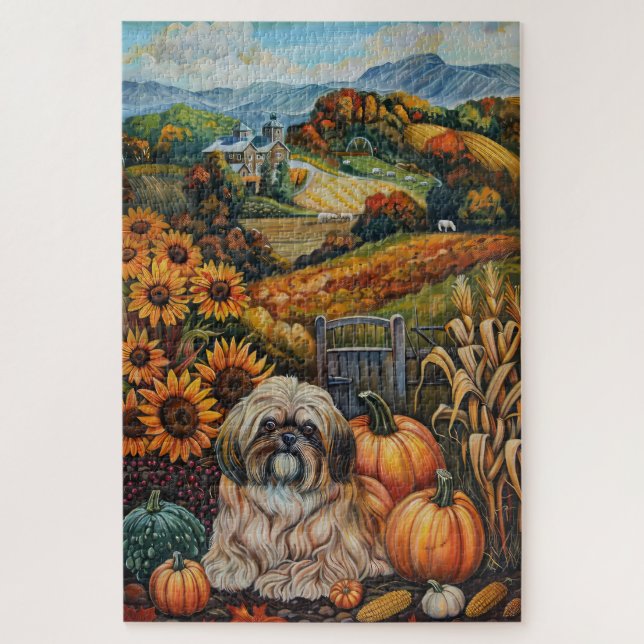 Lhasa Apso Dog Herbsternte Erntedank Puzzle (Vertikal)