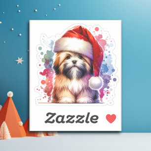 Lhasa Apso Dog in der Weihnachtsmannmütze Weihnach Aufkleber