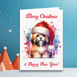 Lhasa Apso Dog in der Weihnachtsmannmütze Weihnach Karte