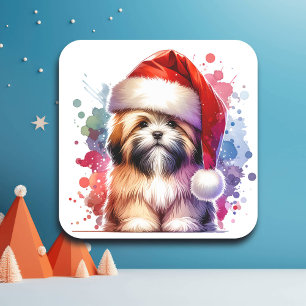 Lhasa Apso Dog in der Weihnachtsmannmütze Weihnach Quadratischer Aufkleber