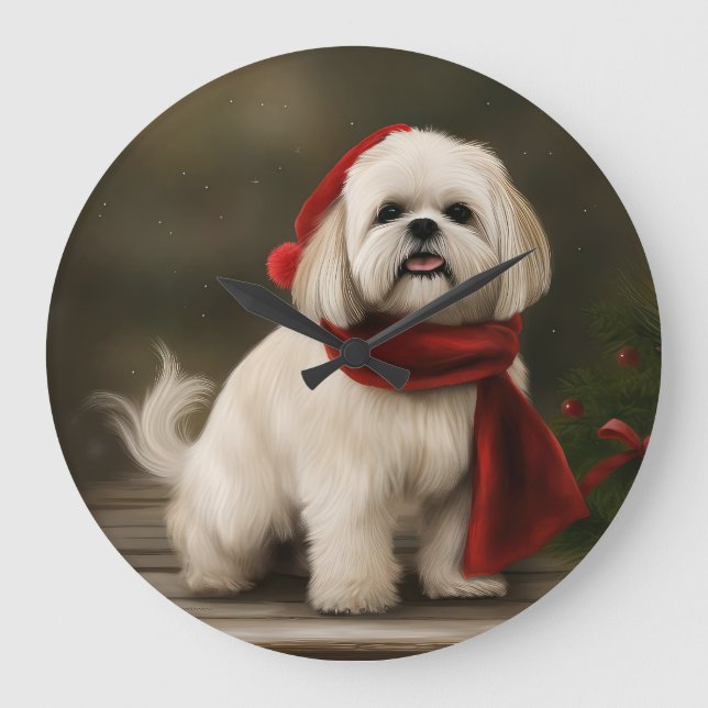 Lhasa Apso Dog in Schnee Weihnachten Große Wanduhr (Vorderseite)