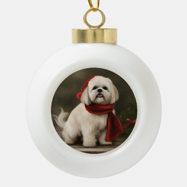 Lhasa Apso Dog in Schnee Weihnachten Keramik Kugel-Ornament (Vorderseite)
