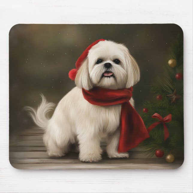 Lhasa Apso Dog in Schnee Weihnachten Mousepad (Vorne)