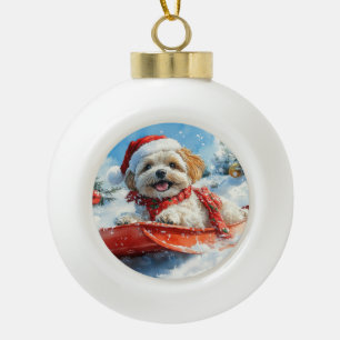 Lhasa Apso Dog in Sledge Let it Schnee Weihnachten Keramik Kugel-Ornament