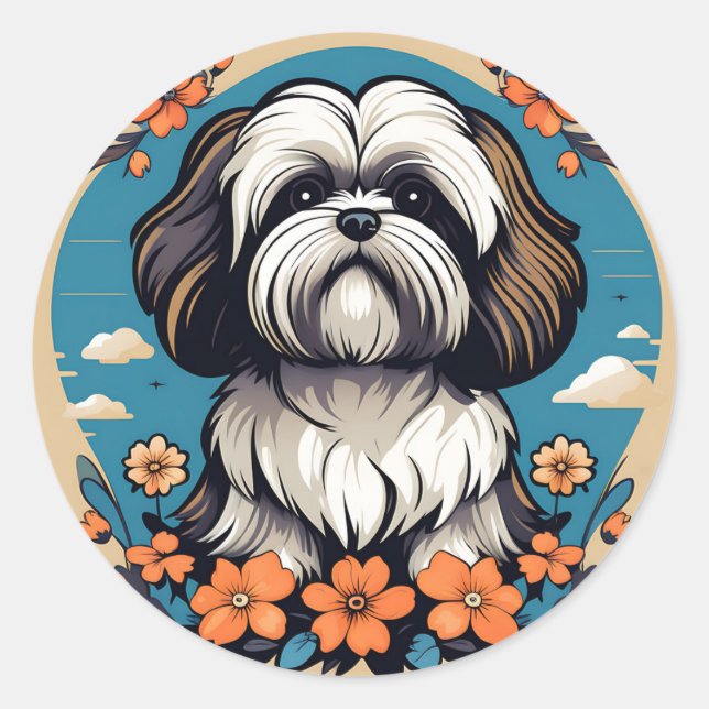 Lhasa Apso Dog Portrait mit Blume Runder Aufkleber (Vorderseite)