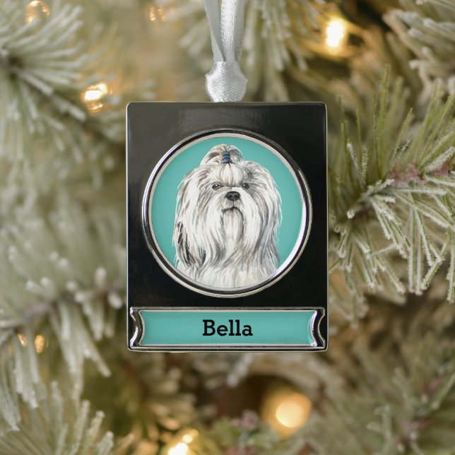 Lhasa Apso Dog Portrait Personalisiert Banner-Ornament Silber (Baum)