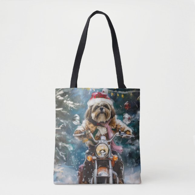 Lhasa Apso Dog Reiten Motorrad Weihnachten (Vorderseite)