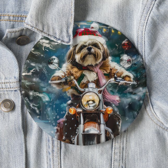 Lhasa Apso Dog Reiten Motorrad Weihnachten Button (Beispiel)