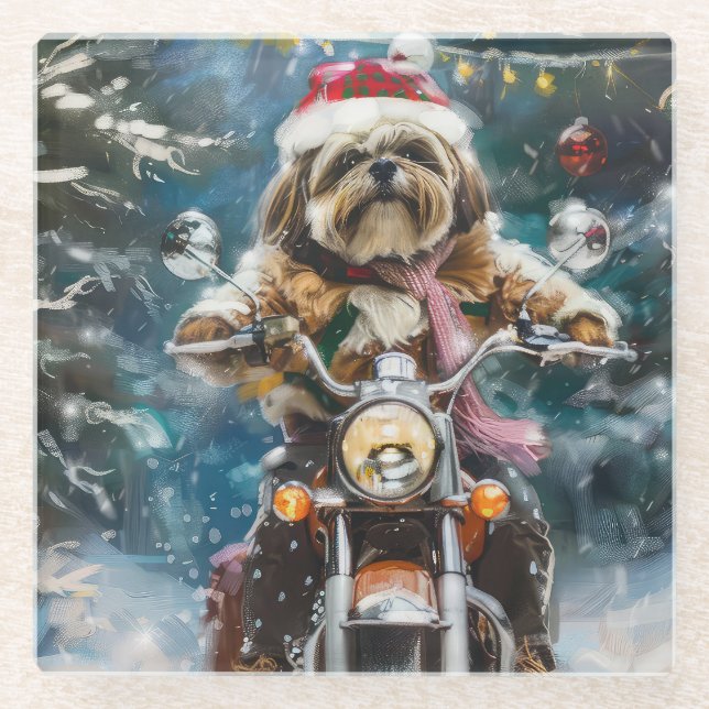 Lhasa Apso Dog Reiten Motorrad Weihnachten Glasuntersetzer (Vorderseite)