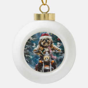 Lhasa Apso Dog Reiten Motorrad Weihnachten Keramik Kugel-Ornament