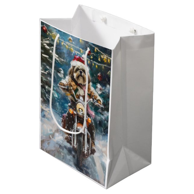 Lhasa Apso Dog Reiten Motorrad Weihnachten Mittlere Geschenktüte (Vorderseite Schrägansicht)