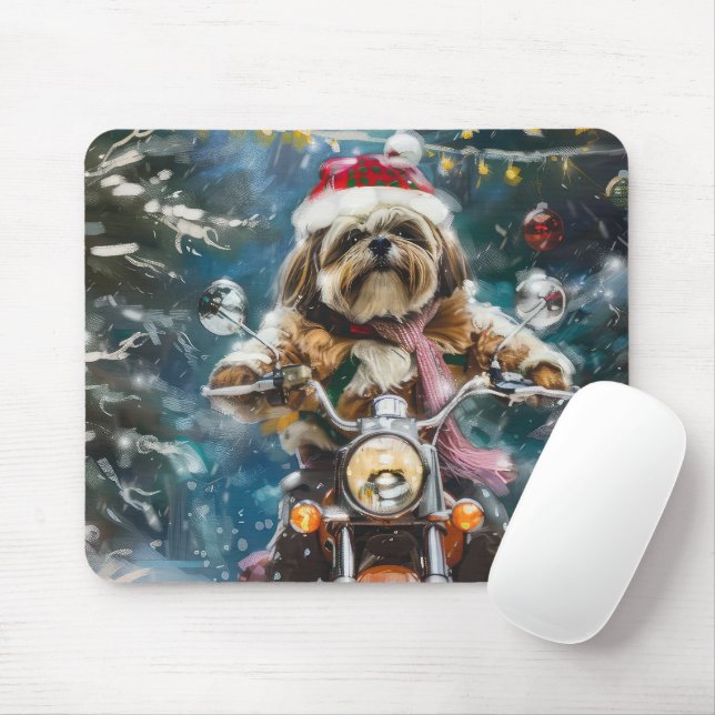 Lhasa Apso Dog Reiten Motorrad Weihnachten Mousepad (Mit Mouse)