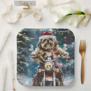 Lhasa Apso Dog Reiten Motorrad Weihnachten Pappteller