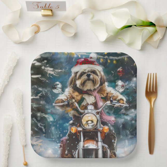Lhasa Apso Dog Reiten Motorrad Weihnachten Pappteller (Hochzeit)