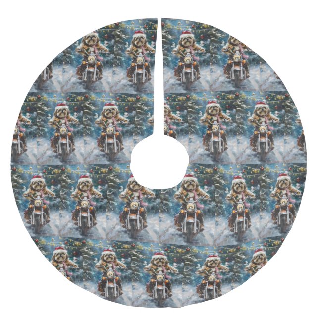 Lhasa Apso Dog Reiten Motorrad Weihnachten Polyester Weihnachtsbaumdecke (Vorderseite)