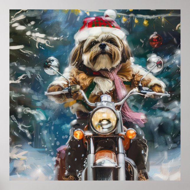 Lhasa Apso Dog Reiten Motorrad Weihnachten Poster (Vorne)