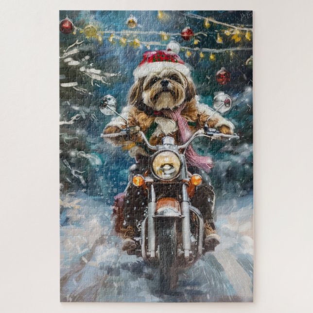 Lhasa Apso Dog Reiten Motorrad Weihnachten Puzzle (Vertikal)