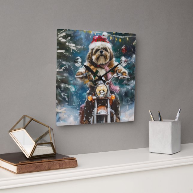 Lhasa Apso Dog Reiten Motorrad Weihnachten Quadratische Wanduhr (Büro)