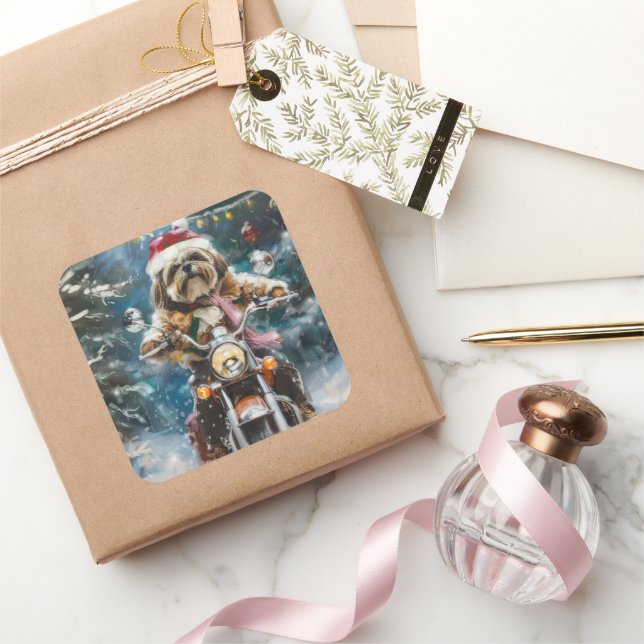 Lhasa Apso Dog Reiten Motorrad Weihnachten Quadratischer Aufkleber (Schenken)