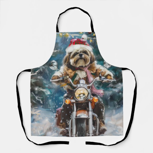 Lhasa Apso Dog Reiten Motorrad Weihnachten Schürze (Vorderseite)