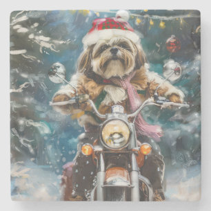 Lhasa Apso Dog Reiten Motorrad Weihnachten Steinuntersetzer