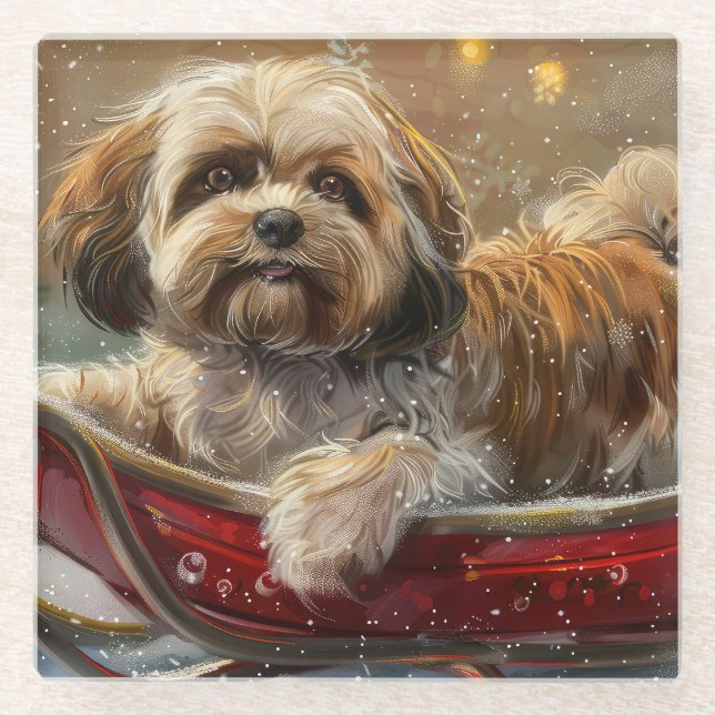 Lhasa Apso Dog Weihnachtsfest Glasuntersetzer (Vorderseite)