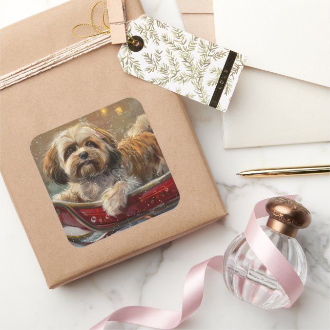 Lhasa Apso Dog Weihnachtsfest Quadratischer Aufkleber (Schenken)