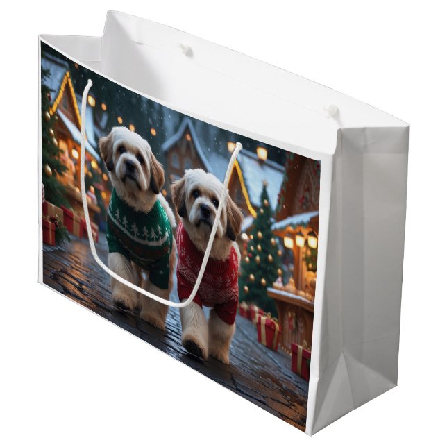 Lhasa Apso Dogs Christmas Snow Holiday Große Geschenktüte (Vorderseite Schrägansicht)