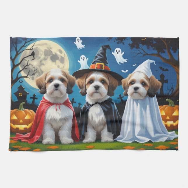 Lhasa Apso Dogs Pumpkin Halloween Funny Geschirrtuch (Horizontal)