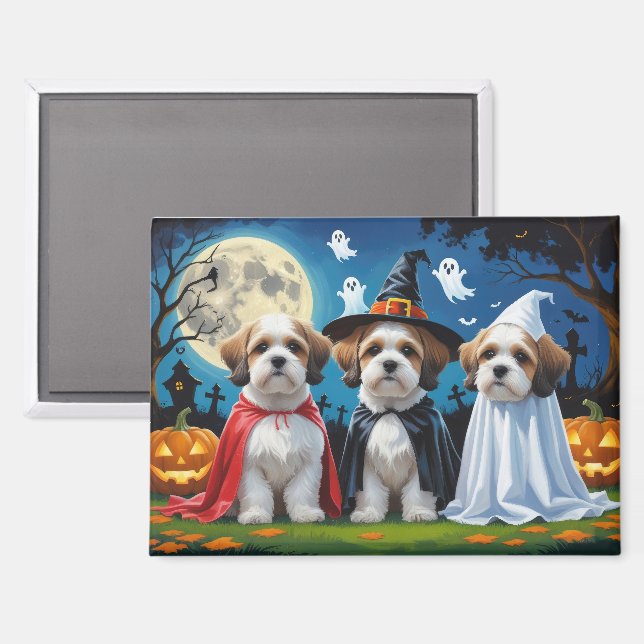 Lhasa Apso Dogs Pumpkin Halloween Funny Magnet (Vorderseite/Rückseite)