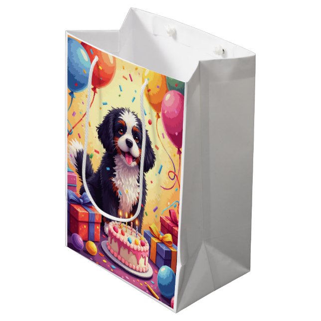 Lhasa Apso Geburtstagsfeier Mittlere Geschenktüte (Vorderseite Schrägansicht)