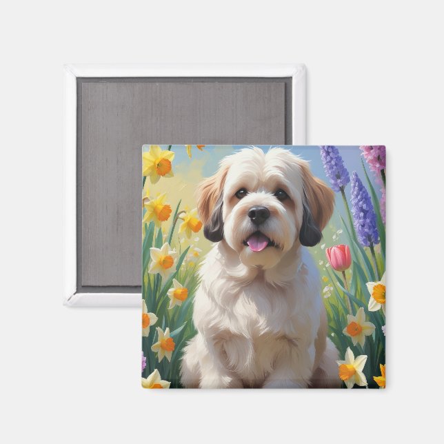 Lhasa Apso Hund Frühlingsblumen Malerei  Magnet (Vorderseite/Rückseite)
