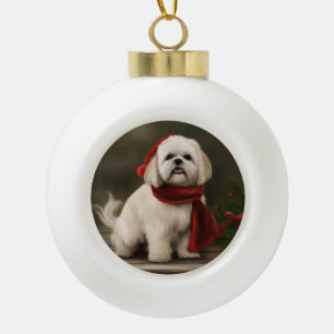 Lhasa Apso Hund im Schnee Weihnachten Keramik Kugel-Ornament
