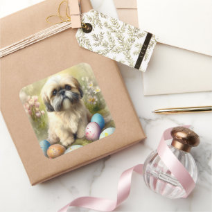 Lhasa Apso Hund mit Ostereiern Feiertag Quadratischer Aufkleber