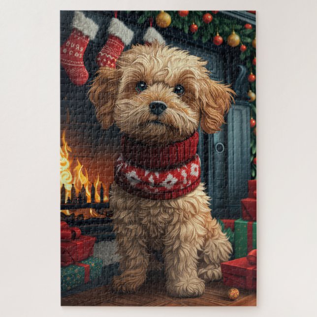 Lhasa Apso Hund mit Weihnachtsgeschenken Kamin Puzzle (Vertikal)